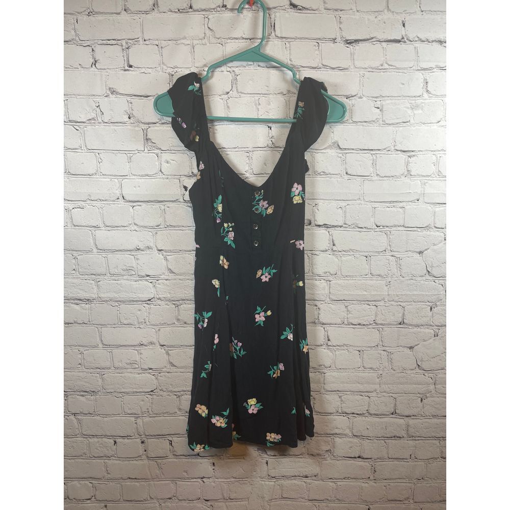 Billabong Sm‎ Floral Summer Dress Black Mint Green Accents Button-Front Sundress